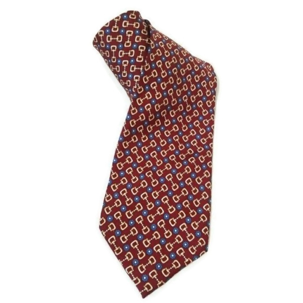GUCCI Horsebit 100% Silk Tie Red Gold Blue